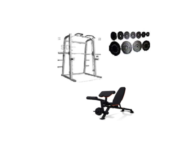 JAULA SMITH (BARRA GUIADA) /RACK +BANCO OLÍMPICO + 80 KGS. DISCOS